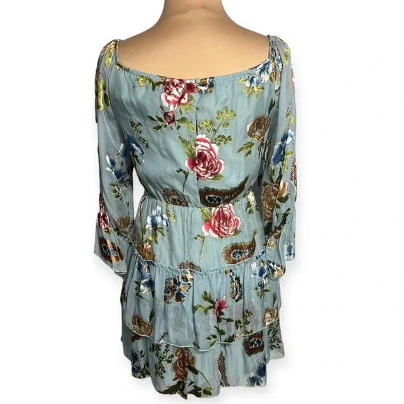 Alice + Olivia Aqua Multicolor floral Waylon Off-the-Shoulder Blouson Dress sz 6